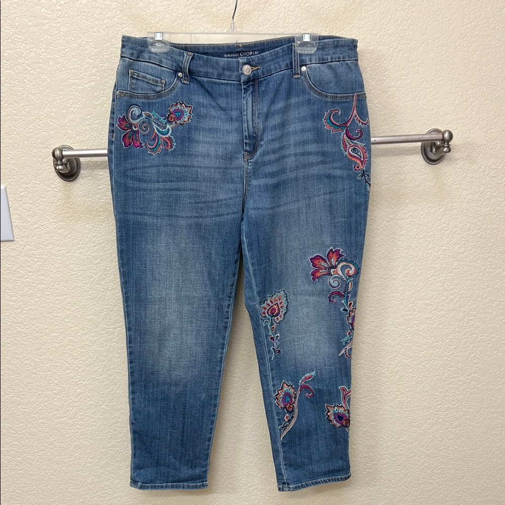 Chico’s Embroidered “The Platinum” Crop Blue Jeans